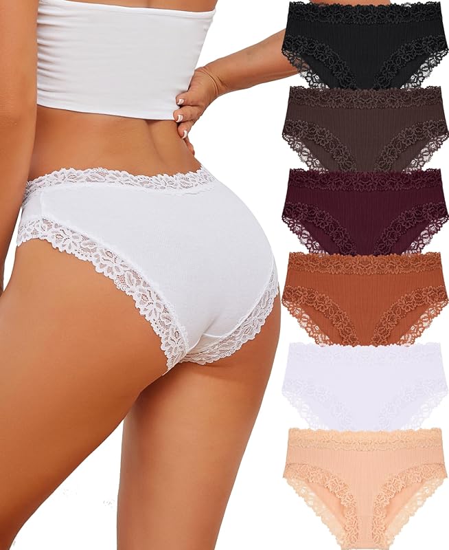 Knowyou Women’s Cotton Hipster Panties, Soft Breathable No-Dig Lace Wa